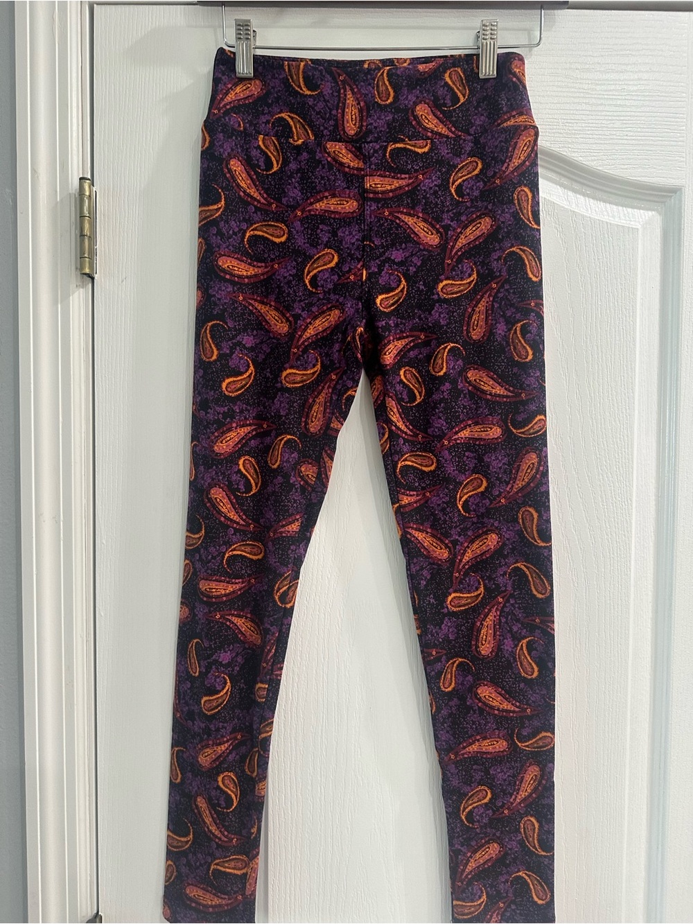 LuLaRoe Purple Leggings with Orange Paisley Print